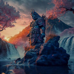 Art Illustration , Samurai Statue in a Beautiful Place , Sunset