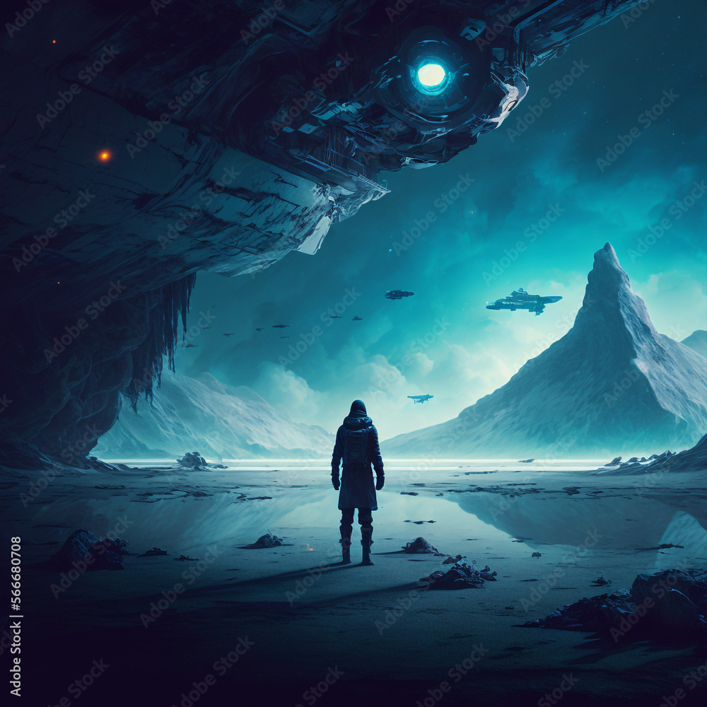 Wall mural generative ai astronaut exploring planet watching outer space. science fiction illustration of cosmo