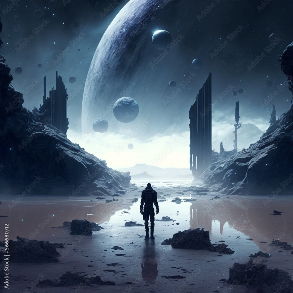 Wall mural generative ai astronaut exploring planet watching outer space. science fiction illustration of cosmo