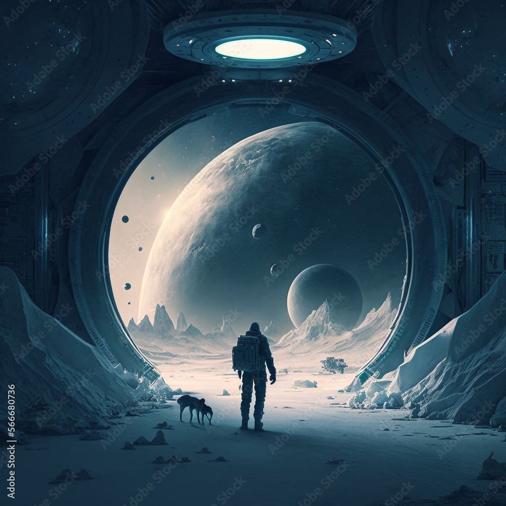 Wall mural generative ai astronaut exploring planet watching outer space. science fiction illustration of cosmo