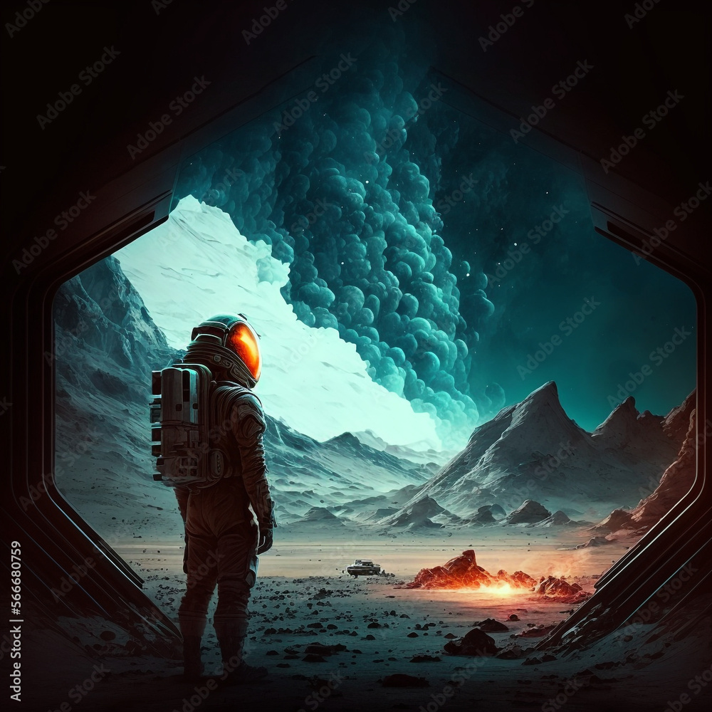 Wall mural generative ai astronaut exploring planet watching outer space. science fiction illustration of cosmo