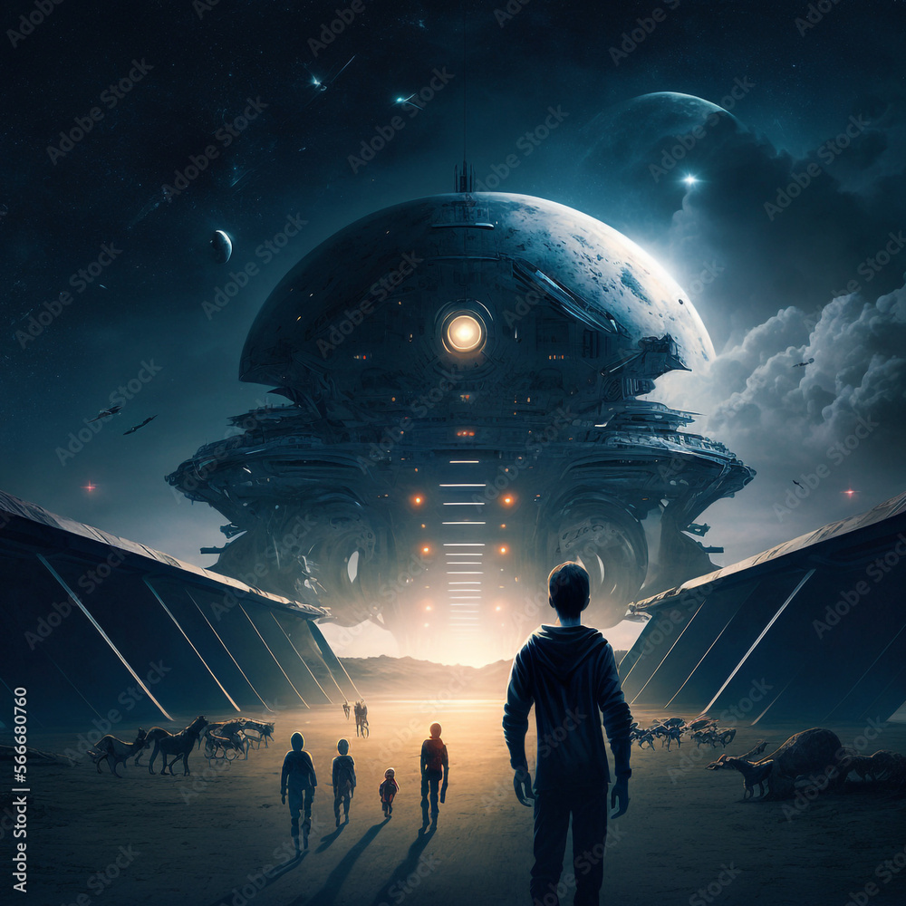 Wall mural generative ai astronaut exploring planet watching outer space. science fiction illustration of cosmo