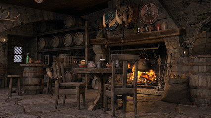 Fantasy tavern with a fireplace, trophies, and seating with a meal. - obrazy, fototapety, plakaty