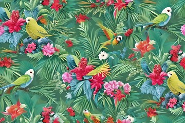 An exotic tropical pattern with parrots and flowers in toile de jouy style. Generative AI