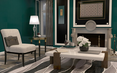 Teal and white interior room.