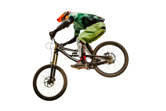 athlete rider drops downhill jump - Powered by Adobe