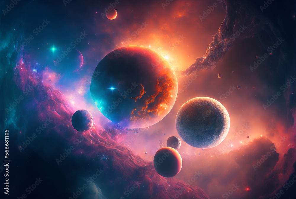 Wall mural generative ai illustration of planets and shining stars galaxy in space.