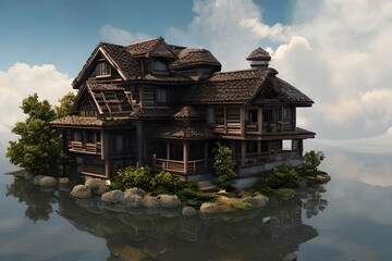 An image of a home floating on clouds. Generative AI