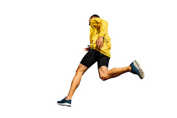 male runner in yellow jacket running