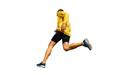 male runner in yellow jacket running