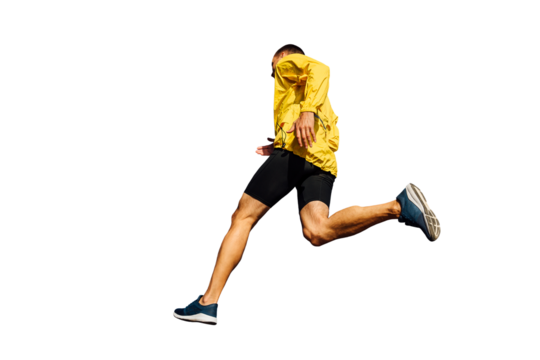 male runner in yellow jacket running