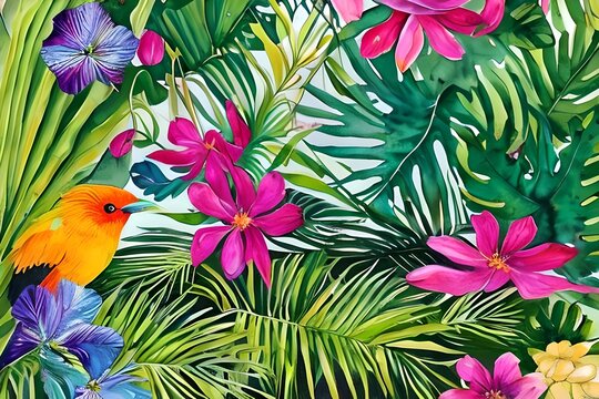 tropical leaves, flowers, bird, watercolor painting, digital illustration, digital wallpaper