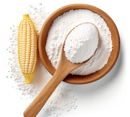 Top view of wooden spoon and bowl full of corn starch isolated on white