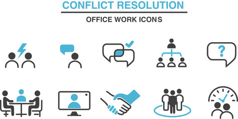 Conflict resolution hr office icon set - editable stroke and duotone 