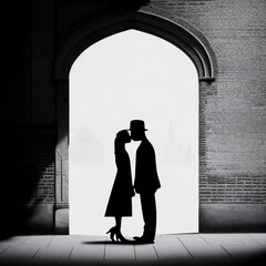silhouette of an English couple of woman and man kissing in the street in front of a door, generative ai