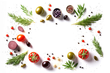 Fresh olives, cherry tomatoes, herbs end spices scattered on white background, copy space, top view. Food background concept, recipe mockup