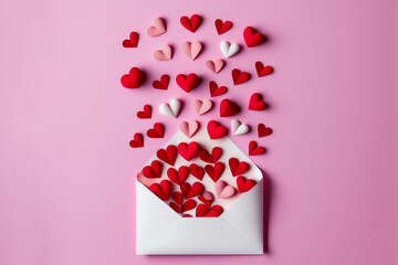 This beautiful Saint Valentine's Day greeting card features a love message and a shower of red paper hearts on a soft pink background. The card is arranged in a flat lay style and shows an envelope