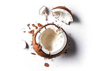 Broken coconut on a white background top view.
