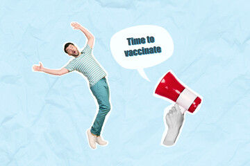 Creative graphics picture image collage of young guy shocked advertise microphone antibody antidote...