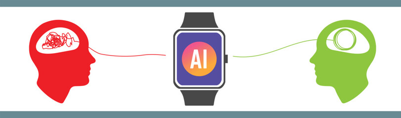 Creative vector illustration of psychotherapy communication created by AI in the background. Abstract concept tangled brain, therapist, patient. Patient controlled and made calm by AI technology
