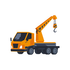 Obraz na płótnie Canvas Cartoon vehicle with crane isolated on white. Construction machines. Vector illustration of heavy machinery for building. Industry concept