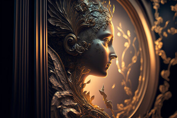 Fototapeta premium Ornate design with carved profile of beautiful woman describing quantum hope and freedom. Generative AI, this image is not based on any original image, character or person.