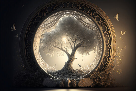 Ethereal and spiritual tree in the middle of an ancient circular design. Generative AI, this image is not based on any original image, character or person.