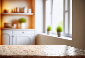 Fototapeta na wymiar Wooden table on blurred kitchen window and shelves