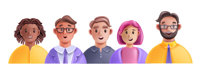 3D profile people vector avatar icon set, men woman happy face young male female cartoon character. Office diverse colleague team smiling freelance workers portrait. 3D people cheerful expression head