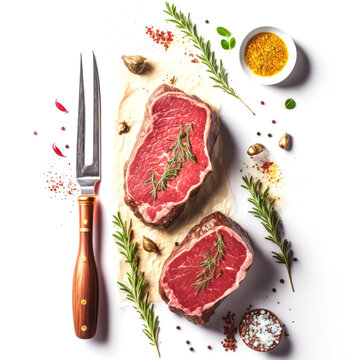 Raw beef Striploin steaks with oil , spices and meat fork on white stone background, top view