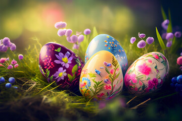 Fototapeta premium Colorful painted Easter eggs in green grass, bokeh background, Generative AI