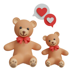 3D rendering.Teddy bear and baby bear are saying they love each other on a white background.