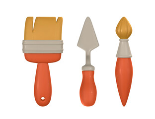 3d realistic paint brush, brush and palette knife in cartoon style. Vector illustration