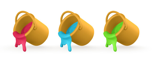 3d realistic bucket of paint in cartoon style. Vector illustration