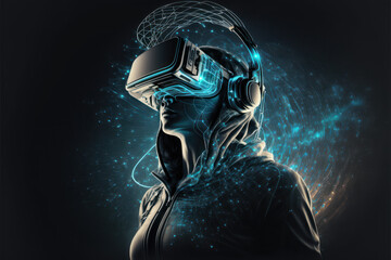 Person wearing virtual / augmented reality headset, immersion into metaverse - AI Generated