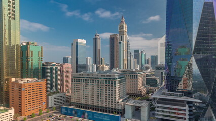 Dubai International Financial district aerial . Panoramic view of business and financial office towers.