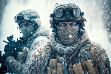 Naklejka premium Special forces. Soldiers in the snow. Generative AI
