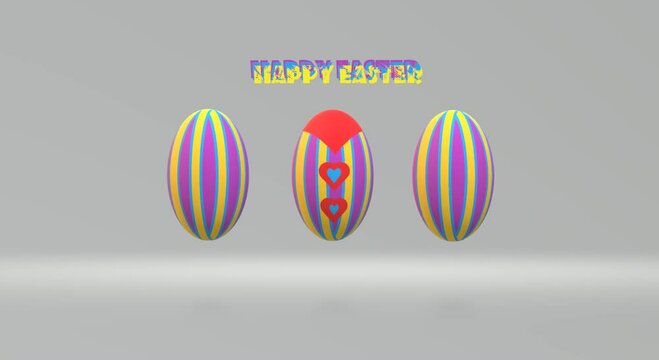 4k v&iacute;deo. Feliz pascua con huevos de colores  en 3d flotando de un lado a otro sobre un fondo claro