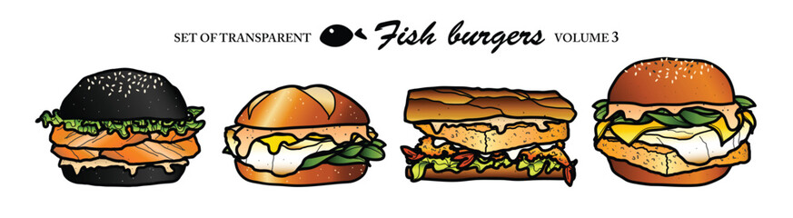 Cute hand drawn isolated color fish burgers (Volume 3)
