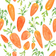 Watercolor seamless pattern. Vegetable pattern. Design with fresh vegetables. Carrots illustration. Watercolor design with carrots for packing, wrapping paper, kids, cuisine decor, fabric, textile.