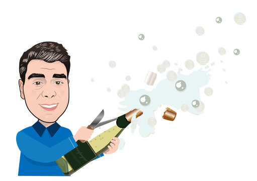 A male character is opening a champagne bottle with a knife