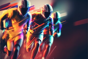  a group of men running on a track with a helmet on and a helmet on and a helmet on and a helmet on and a helmet on.  generative ai