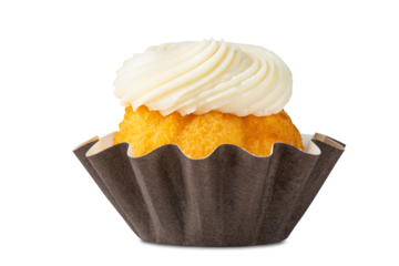 Cupcake. Vanilla Cupcake. Brown, chocolate color cup liners. Happy Birthday. Birthday cupcake. Tasty baking cupcakes, cake or muffin with white cream icing, frosting. White isolated background.