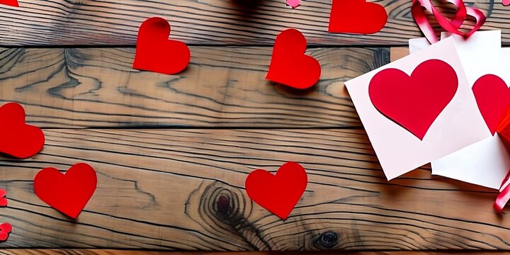 photo-realistic image of a wooden table with a Valentine's Day setting.