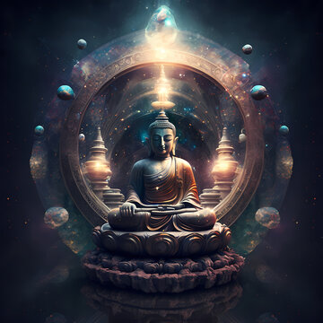 Buddha meditating in background of a stargate and parallel universe earths.