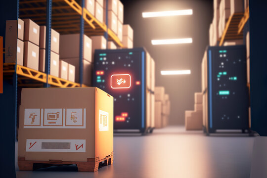 Storage of packages and container storage as in a logistics warehouse. Logistics uses all available technologies for fast service. Image created with AI.