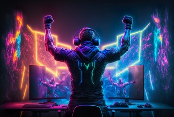 Professional eSports gamer rejoices in the victory in neon game room. generative ai