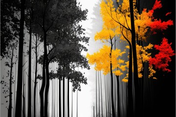 Monochrome forest with colored leaves, minimalistic, wallpaper  generative ai