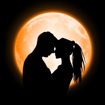 Silhouette of Couple in Love with Big Orange Moon Background, for Valentine, Birthday, Wedding, Anniversary, High resolution and high quality image