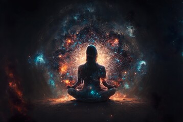 Woman sitting in yoga lotus pose and her connection to space. generative ai